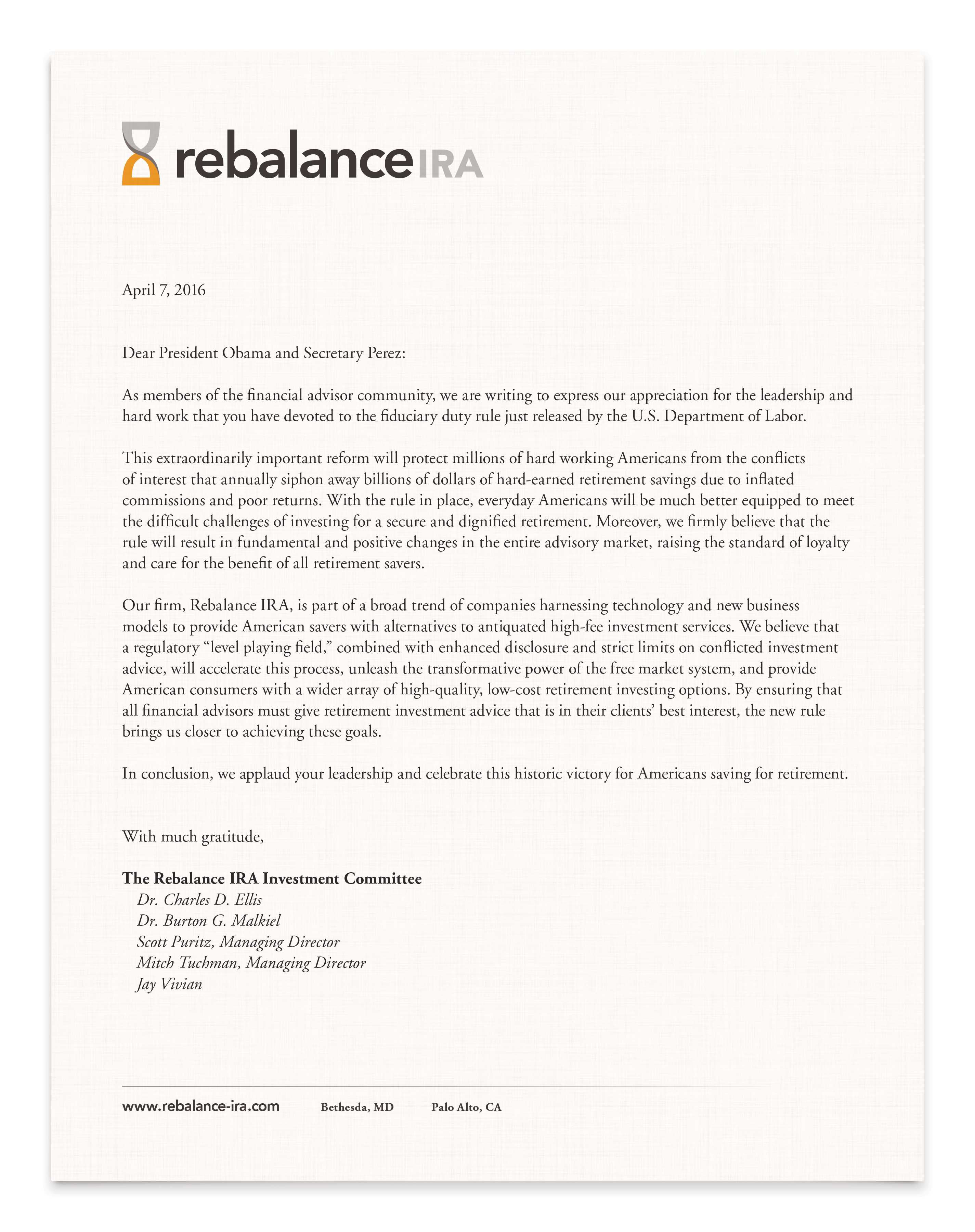 Open letter from Rebalance's Burt Malkiel and Charley Ellis to President Obama