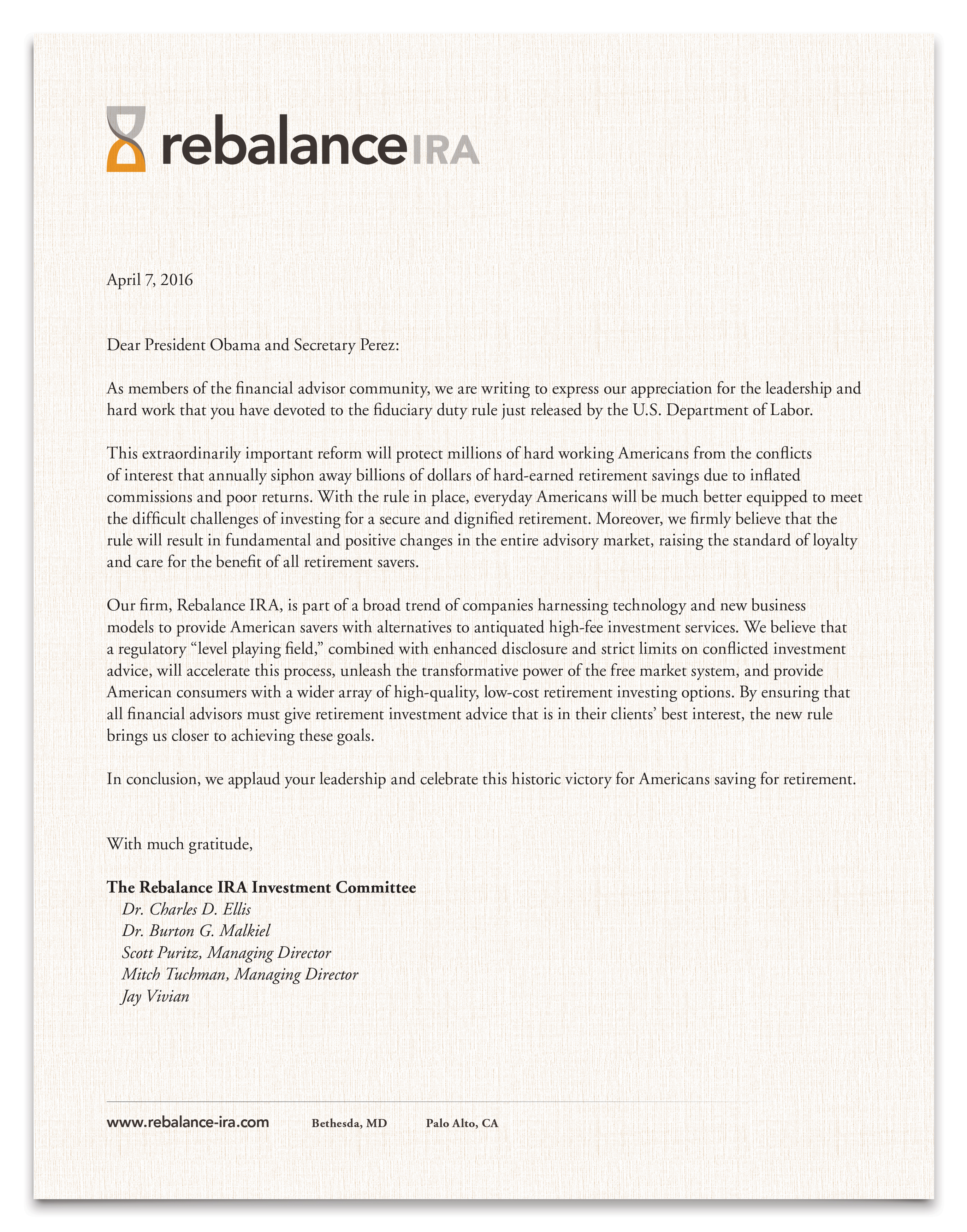 Open letter from Rebalance IRA's Burt Malkiel and Charley Ellis to President Obama