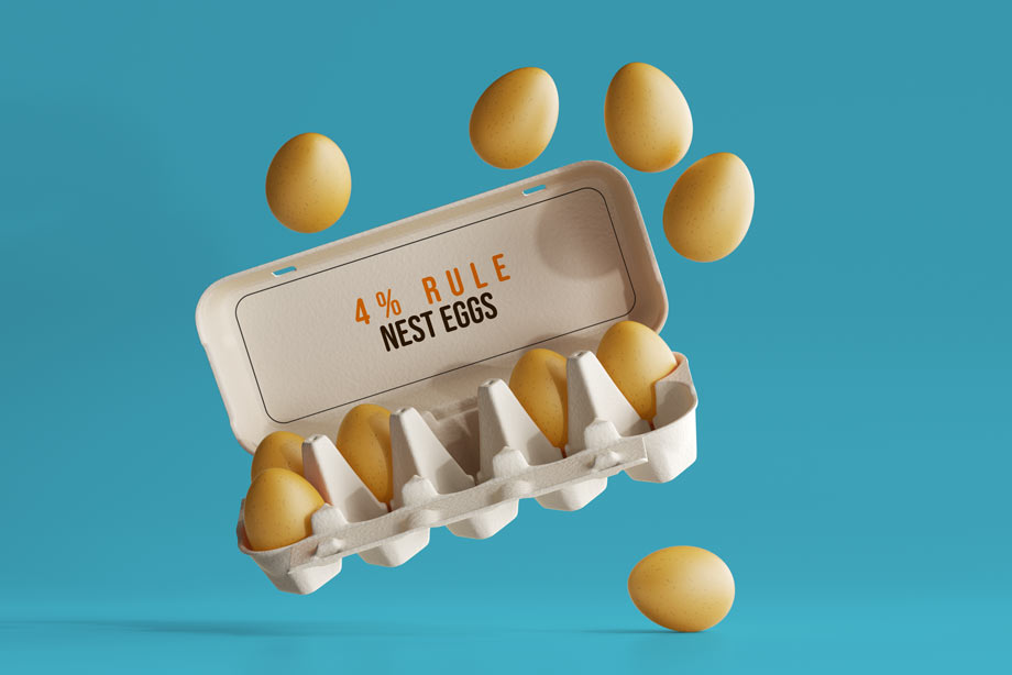 carton of gold eggs falling. The carton says 4% Rule Nest Eggs on it.