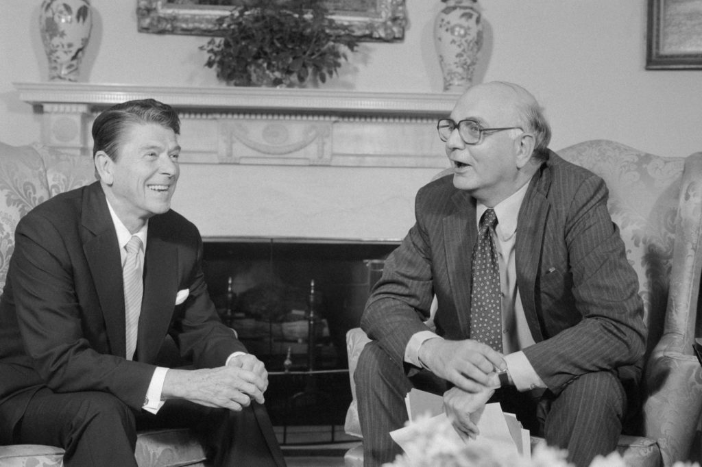 President Reagan meets with Federal Reserve Chairman Paul Volcker in the Oval Office, July 16, 1981. PHOTO: BETTMANN ARCHIVE/GETTY IMAGES