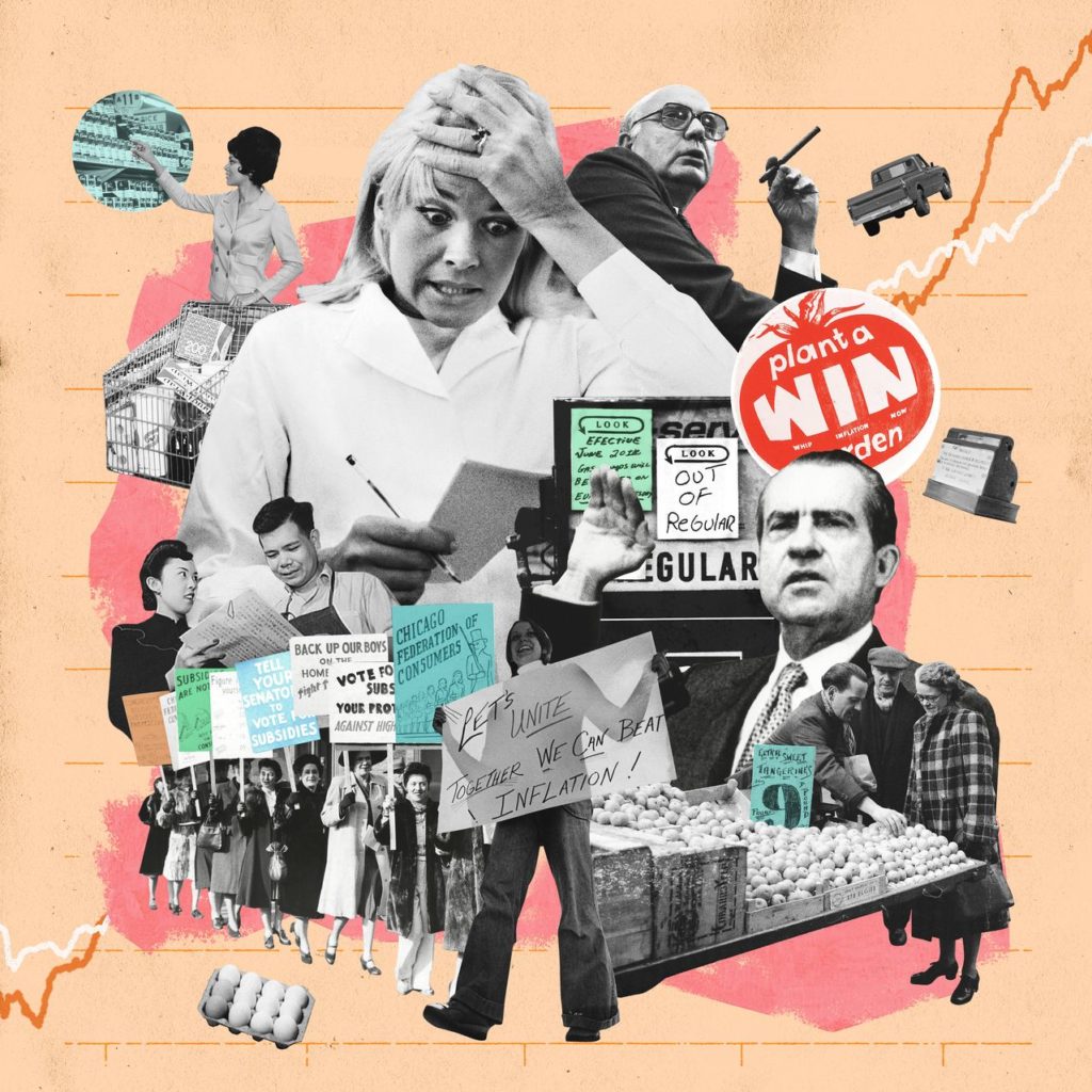 Federal Reserve Chair Paul Volcker (top right) and President Richard Nixon (bottom right) with scenes of inflation from the 1940s and ‘70s. BEN KOTHE FOR THE WALL STREET JOURNAL.