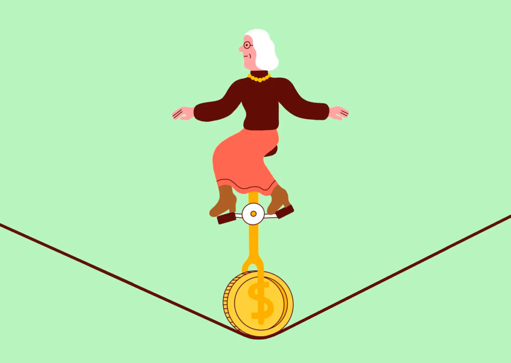 Woman riding a unicycle that has a coin as the wheel, balancing on a tight rope